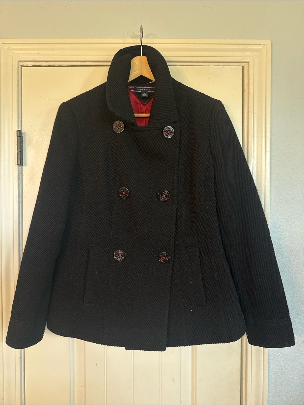 Tommy Hilfiger Black Double-Breasted Peacoat with Red Lining